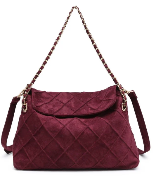 Wine Quilted Faux Suede Hobo Bag