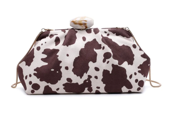 Dallas Brown Cow Print Stone Clasp Clutch