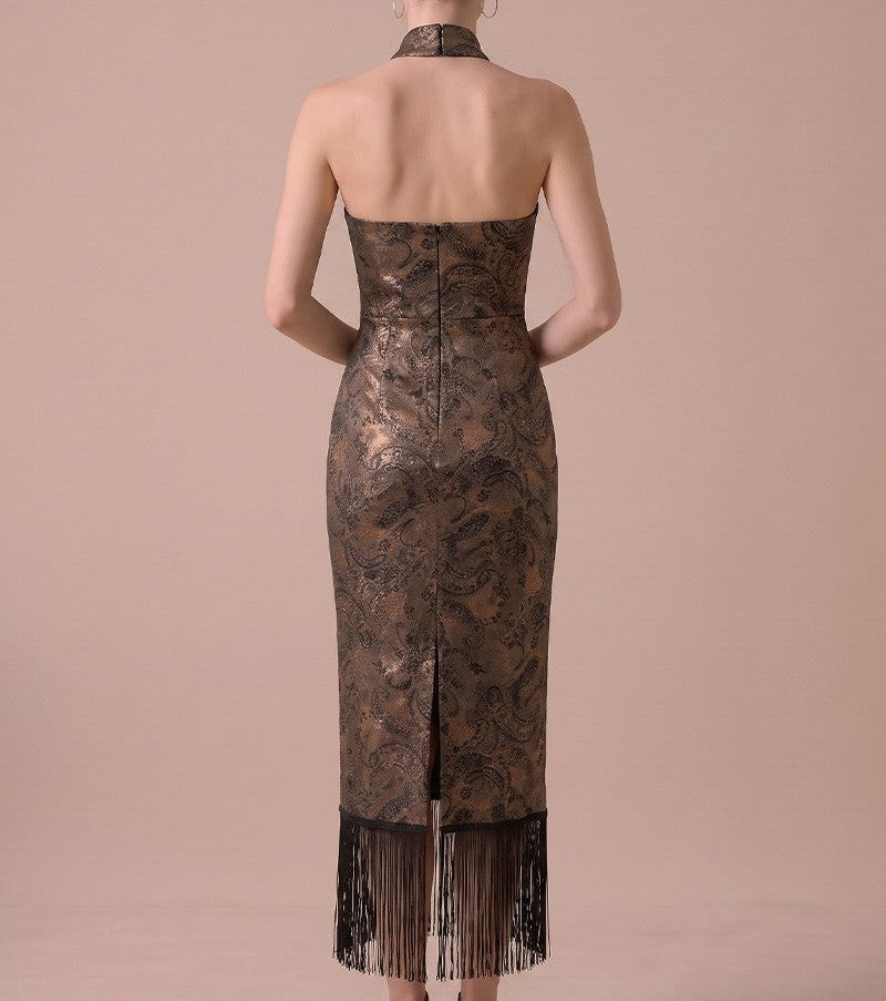 Shay Black & Gold Paisley Halter Fringe Midi Dress