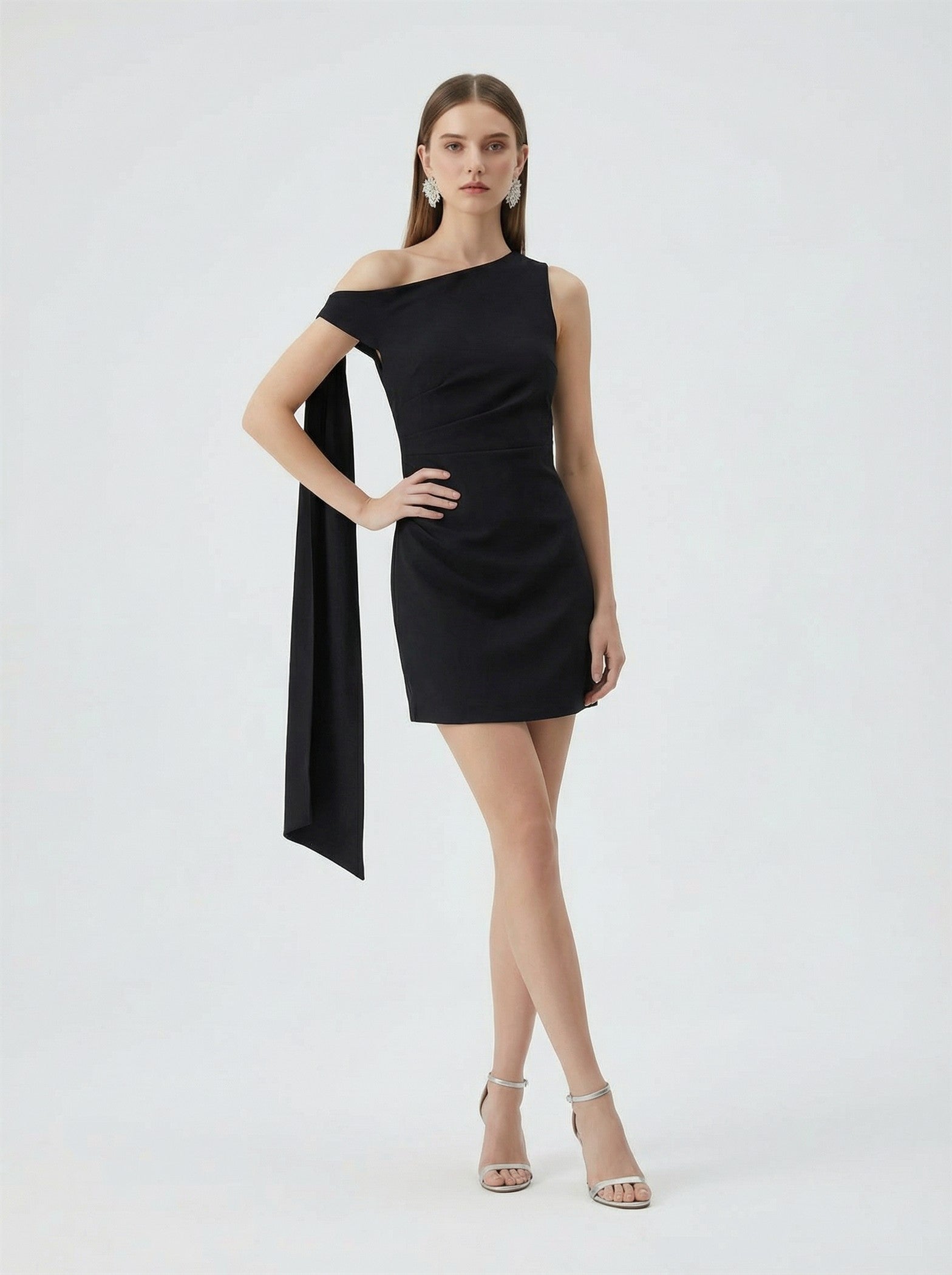 Vance black one shoulder mini dress with draping sash