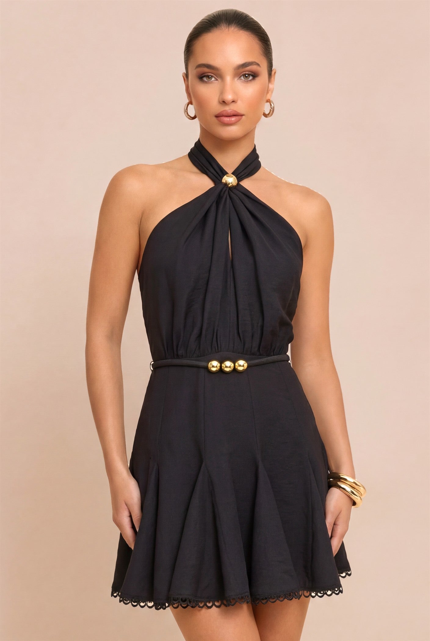 Sofia Black Halter Neck Flare Dress With Belt