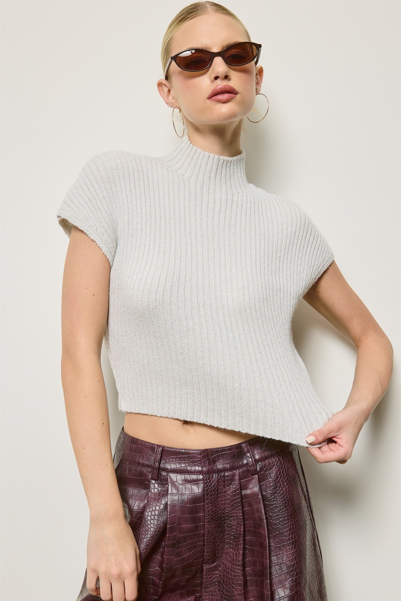 Aspen Silver Ribbed Mock Neck Knit Top