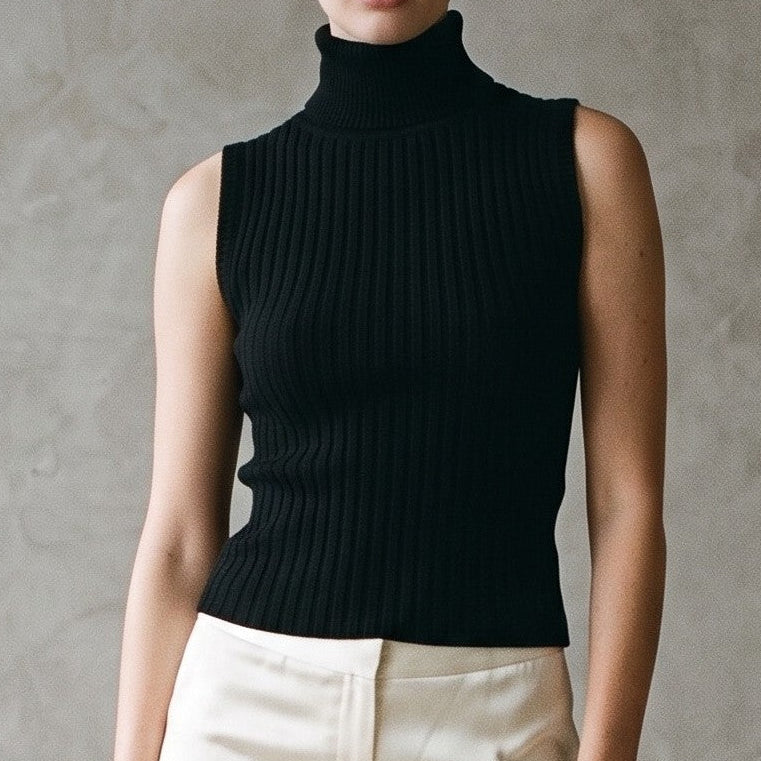 Shelbi Black Open Back Turtleneck Ribbed Knit Top
