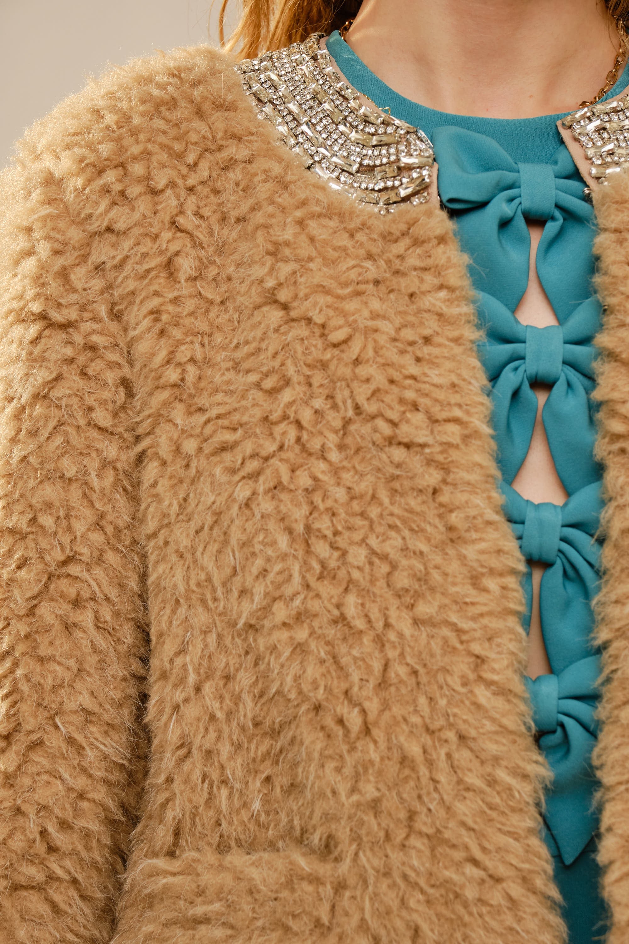 Kimia Tan Jewel Embellished Faux Fur Jacket