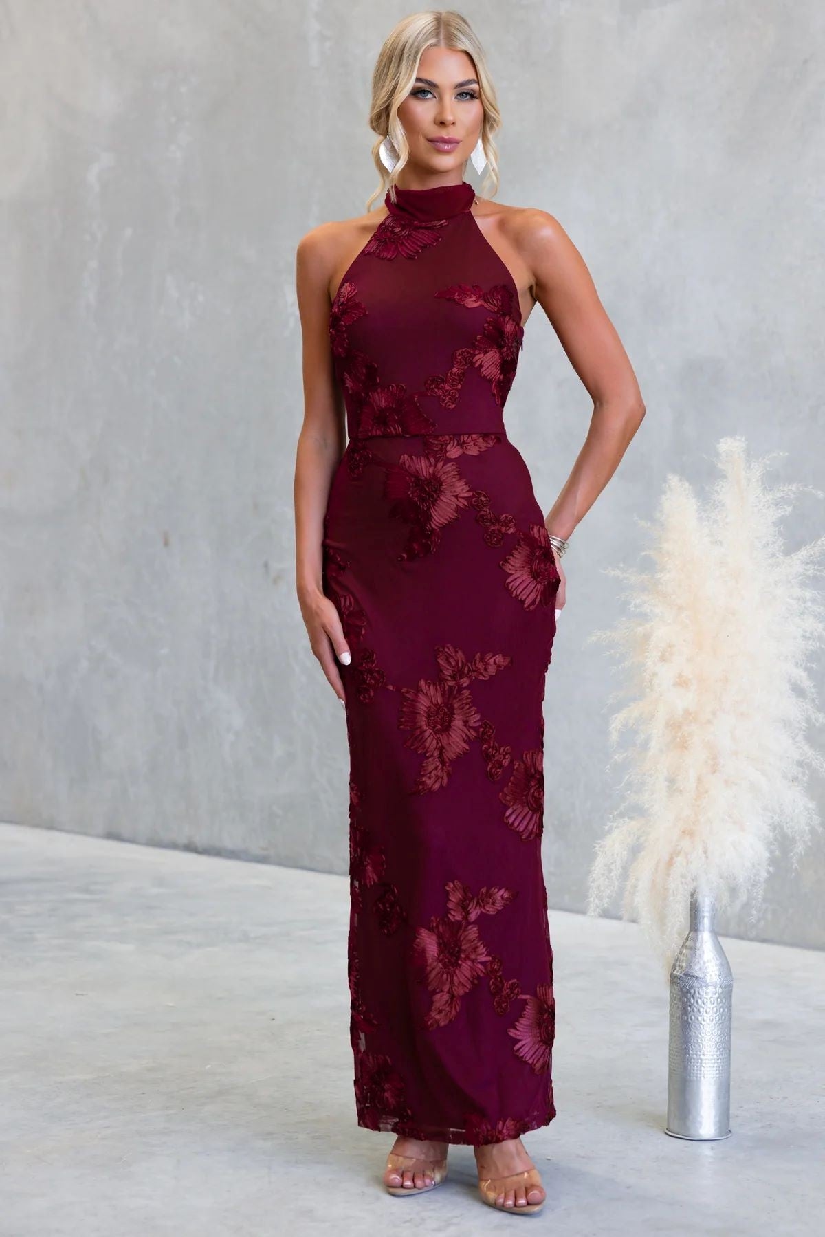 Quinn Wine Sleeveless Floral High Neck Midi Dress