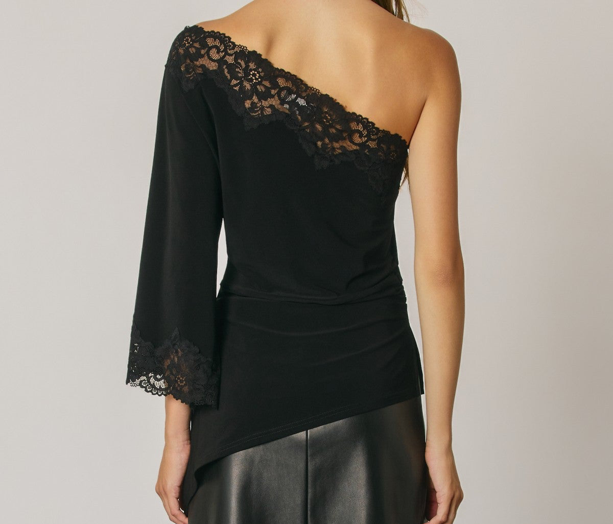 Lisa Black One Shoulder Lace Trim Asymmetrical Shirred Top