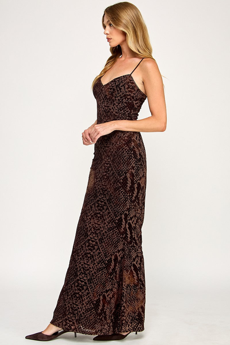 Vivenne Brown Snake Print Mesh Maxi Dress