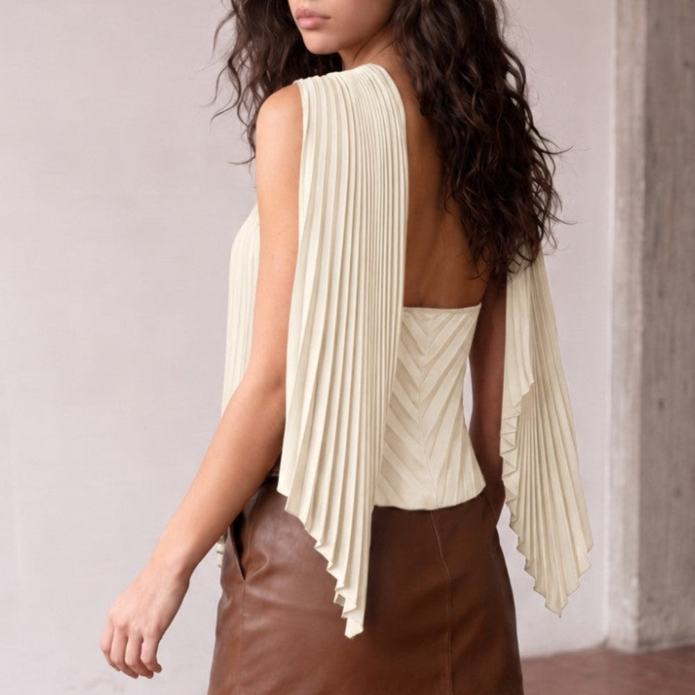 Iris Cream Pleated Satin Halter Top