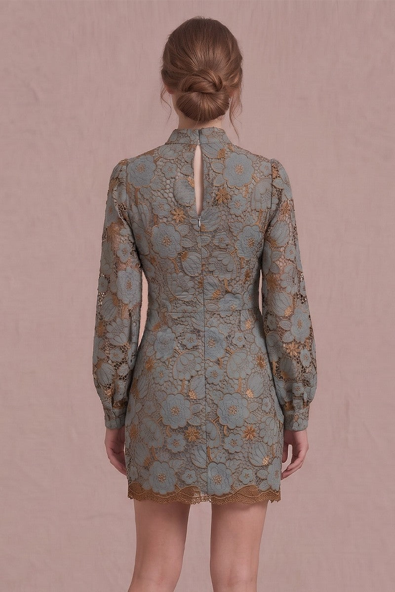 Demi Dusty Blue Embroidered Long Sleeve Mini Dress