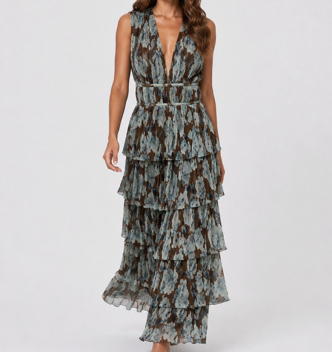 Kay Brown & Blue Deep V Neck Ruffled Maxi Dress