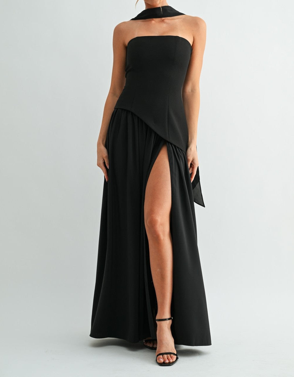 Esmeralda Black Strapless Maxi Dress With Neck Sash