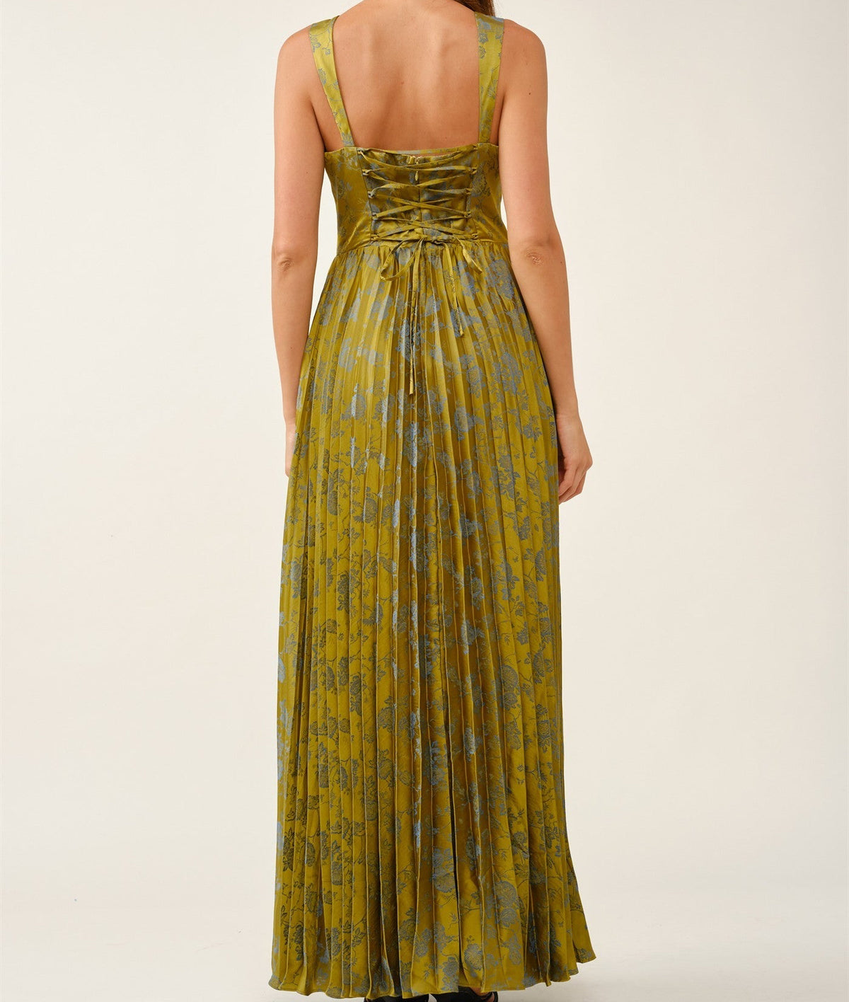 Iris Green Floral Jacquard Pleated Corset Maxi Dress