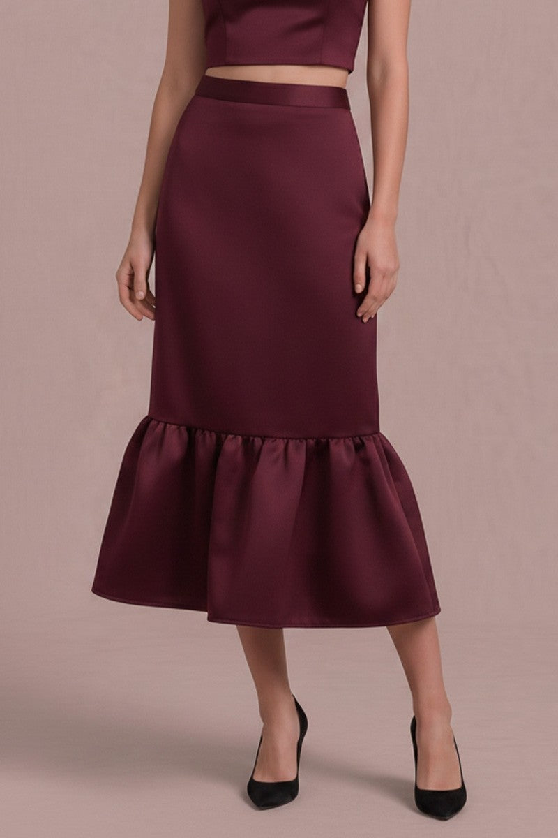Stella Burgundy Ruffle Hem Satin Skirt