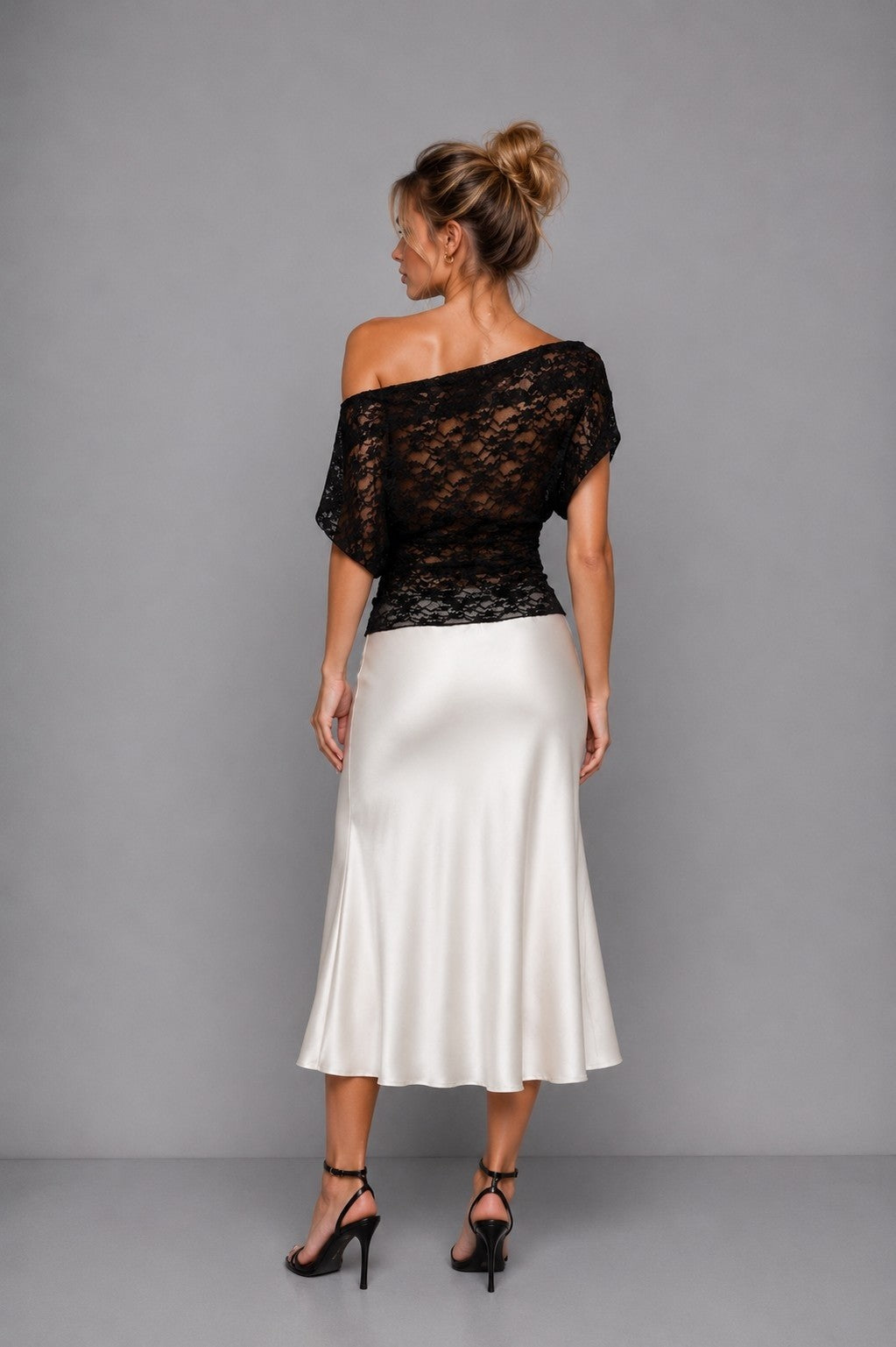 Greta Black Lace Asymmetric Draped Top