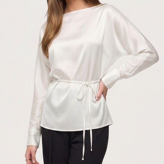 Amy White Satin Long Sleeve Waist Tie Top