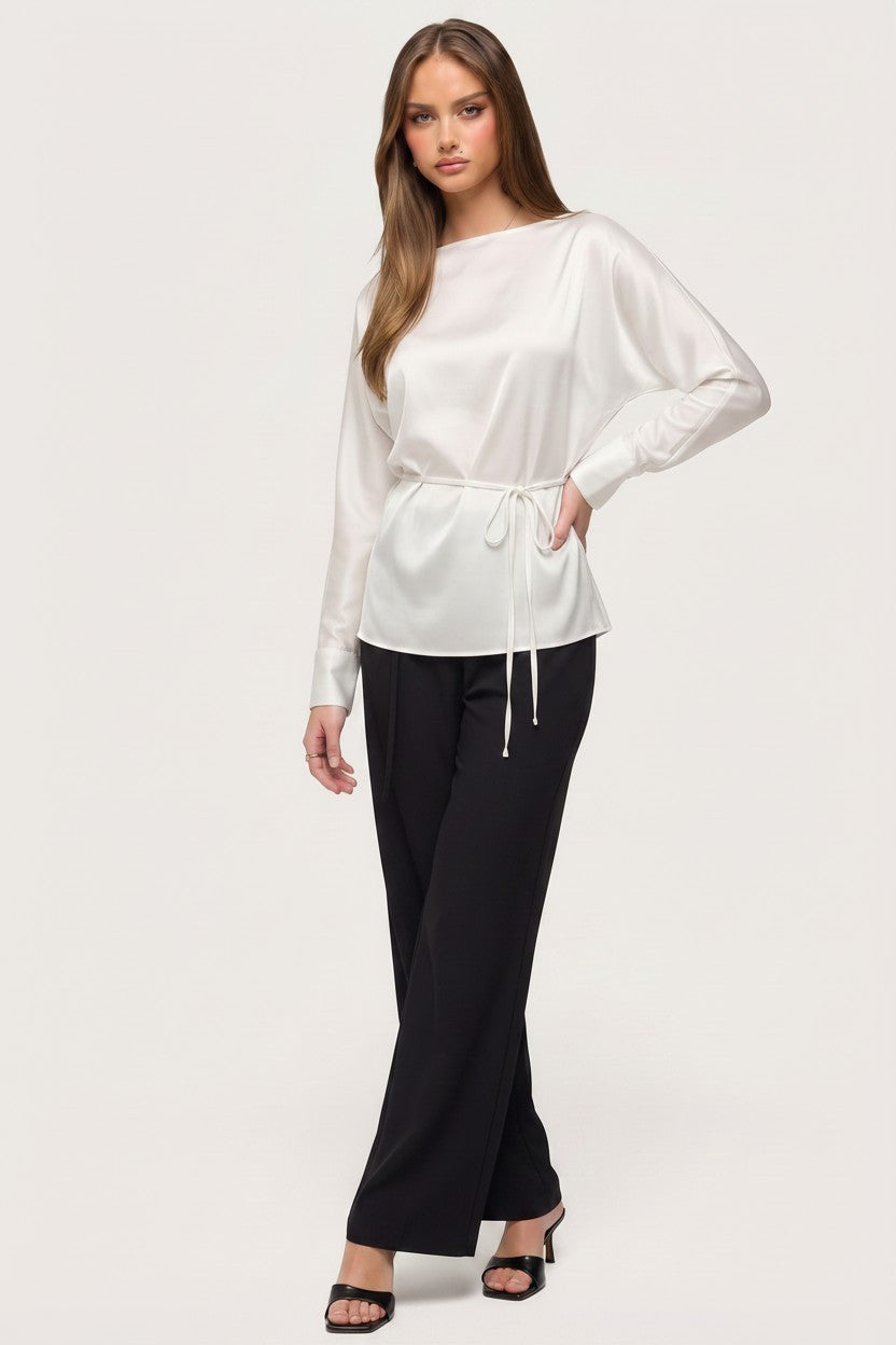 Amy White Satin Long Sleeve Waist Tie Top