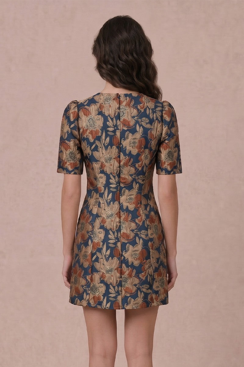 Kamryn Teal Puff Sleeve Jacquard Mini Dress