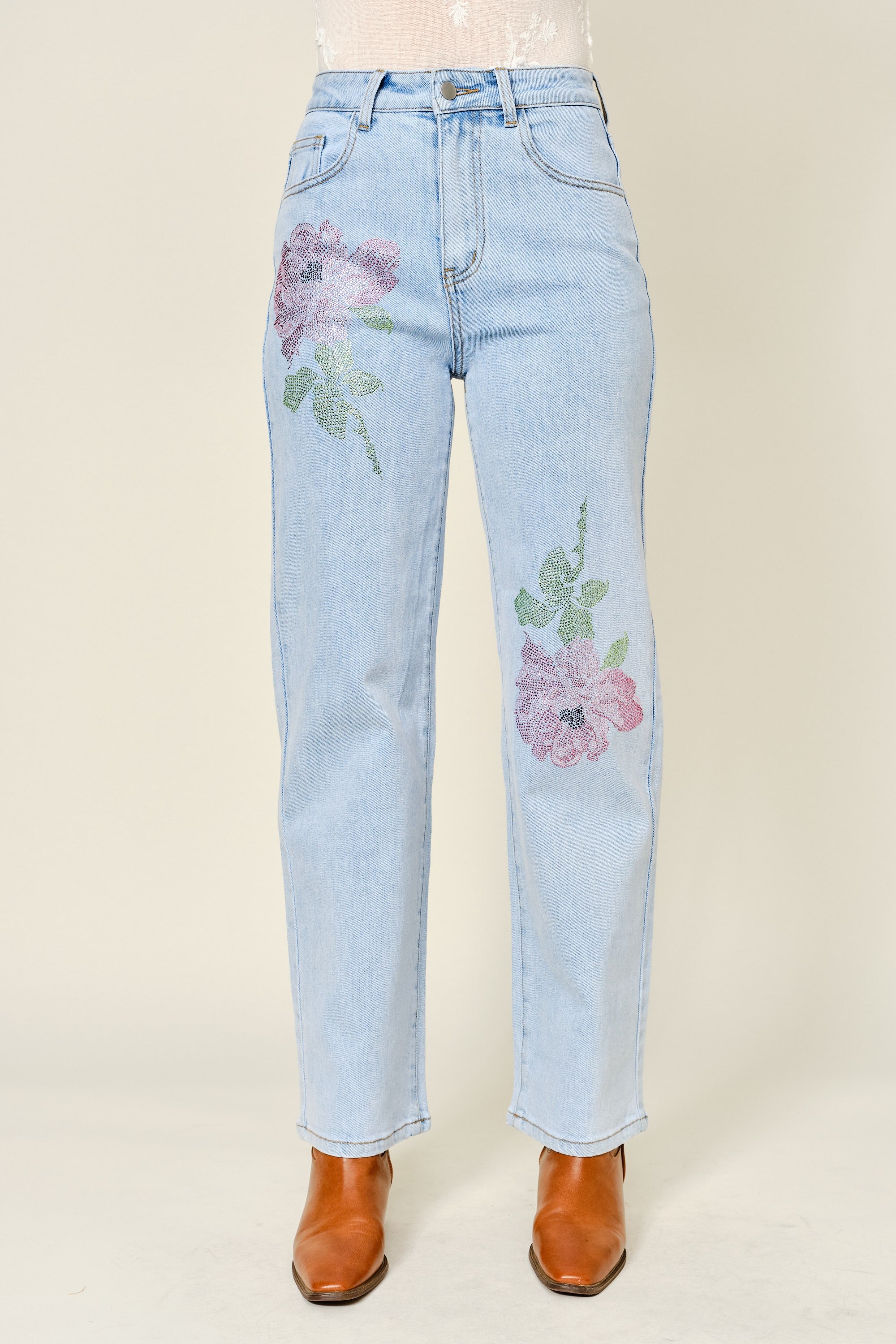 Rosie Light Wash Floral Rhinestone Straight Leg Jeans