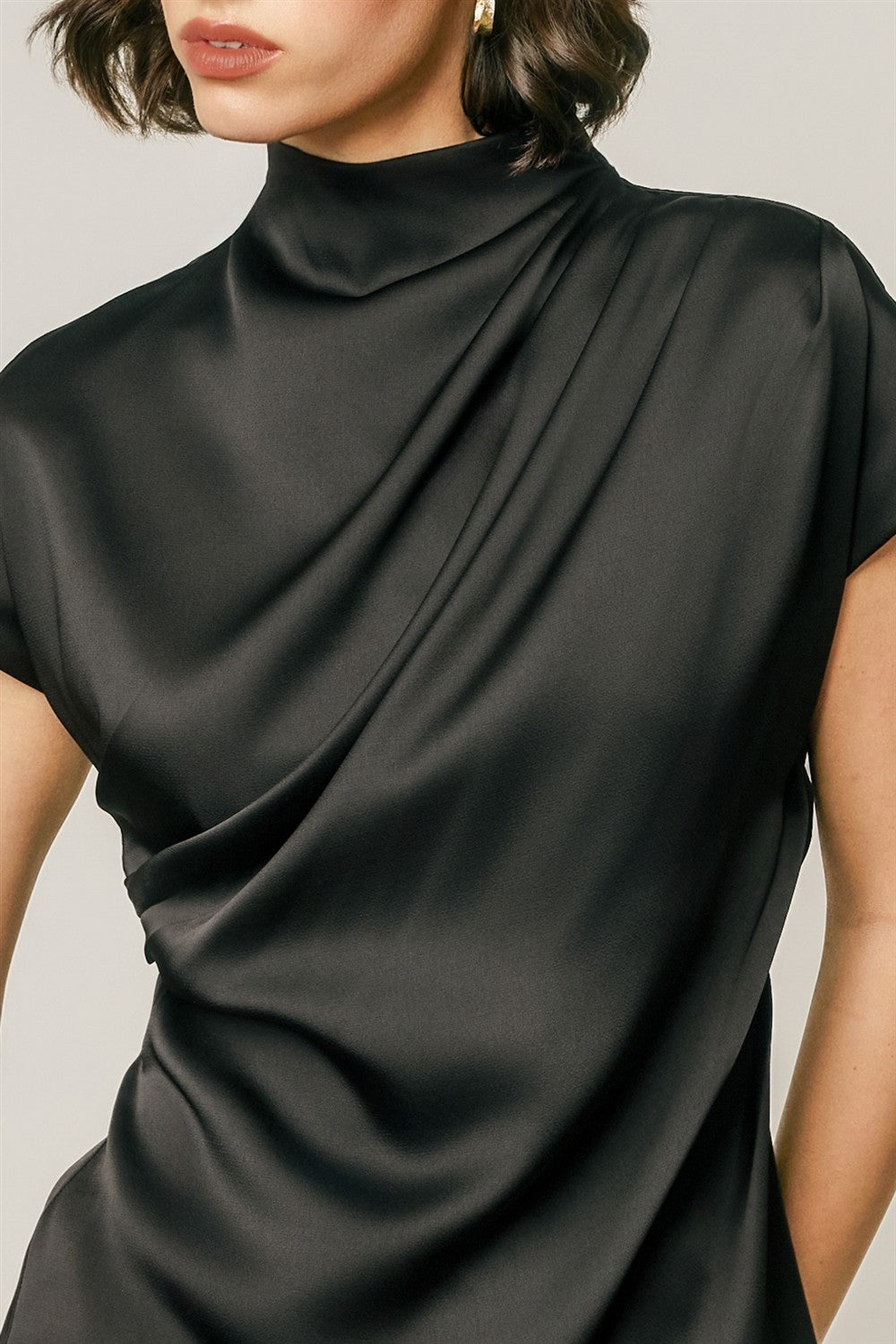 Becky Black Draped Satin Mock Neck Top
