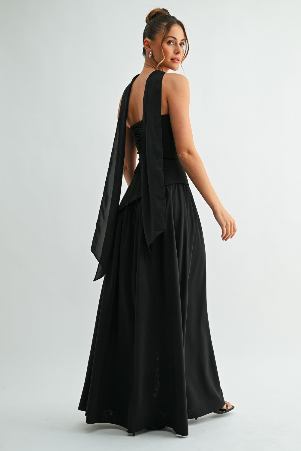 Esmeralda Black Strapless Maxi Dress With Neck Sash