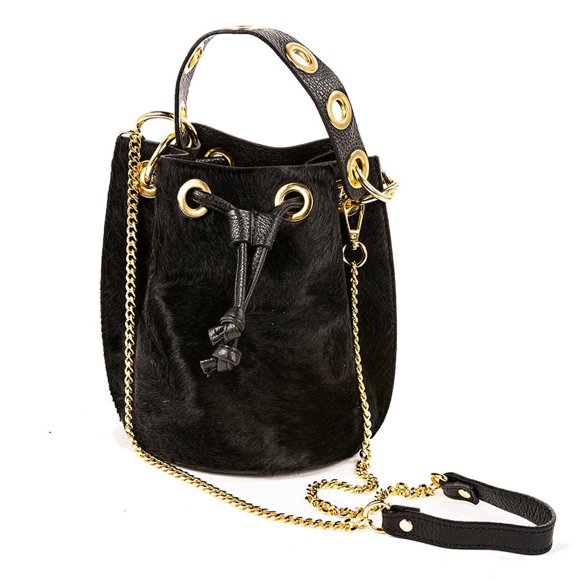 Harlow Black Genuine Leather and Cowhide Bucket Bag