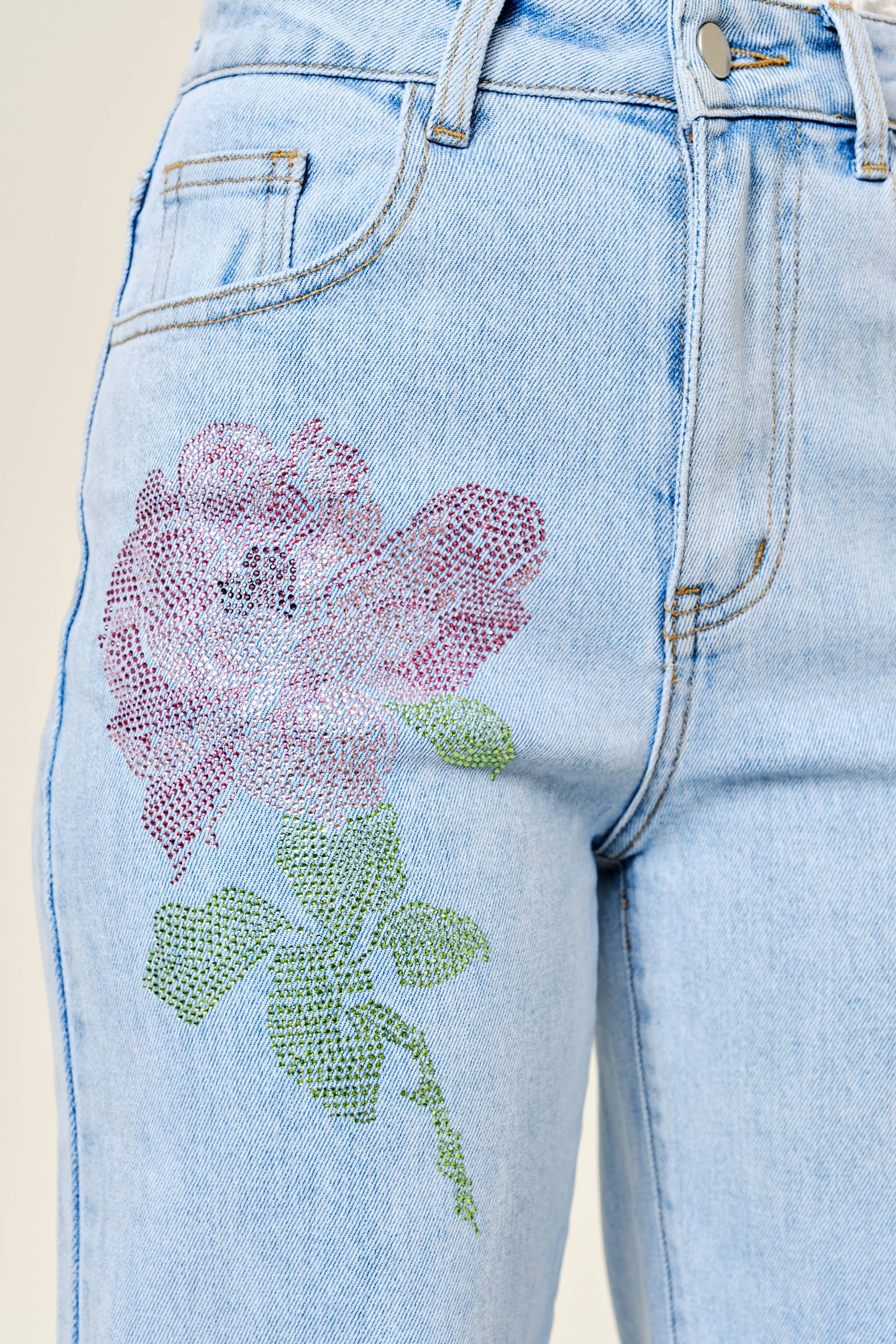 Rosie Light Wash Floral Rhinestone Straight Leg Jeans
