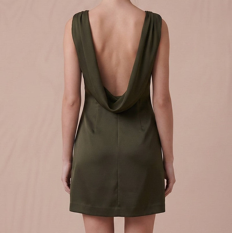 Nova Dark Olive Satin Cowl Back Mini Dress