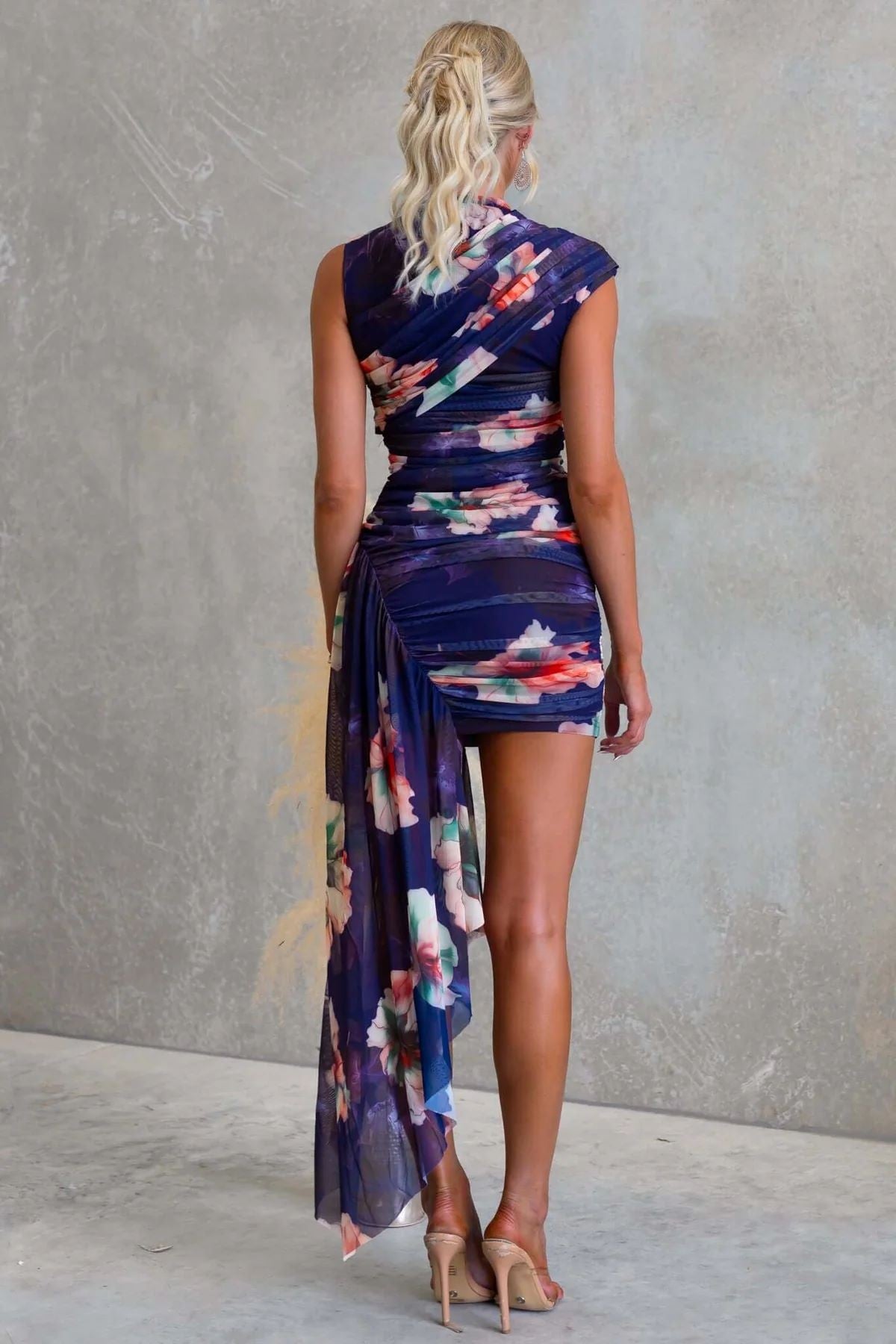Layla Purple Asymmetric Floral Ruched Mini Dress