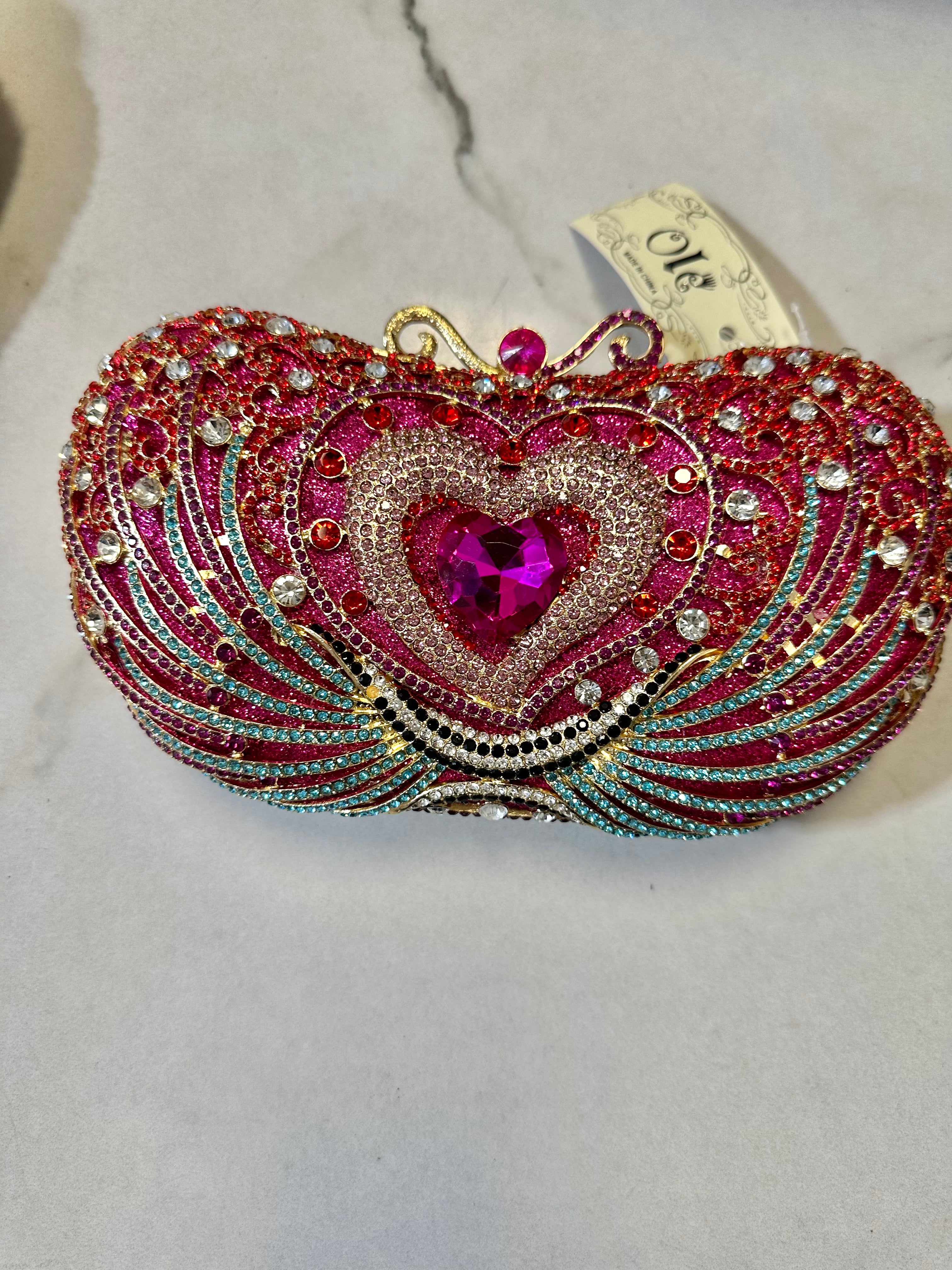 Heart Rhinestone Fuchsia Evening Bag