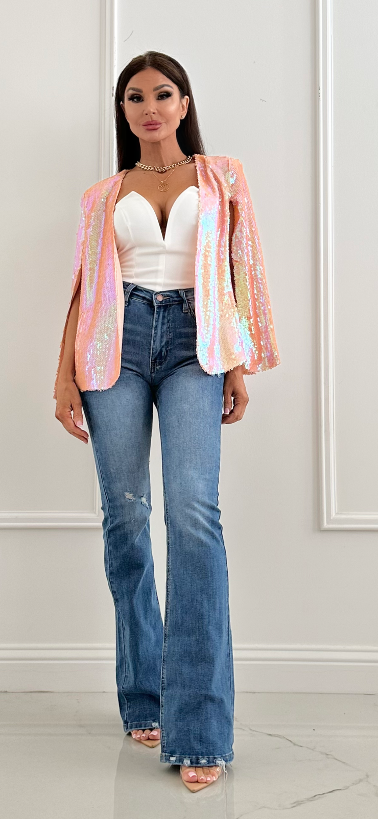 Very Capable Peach Sequin Cape Jacket