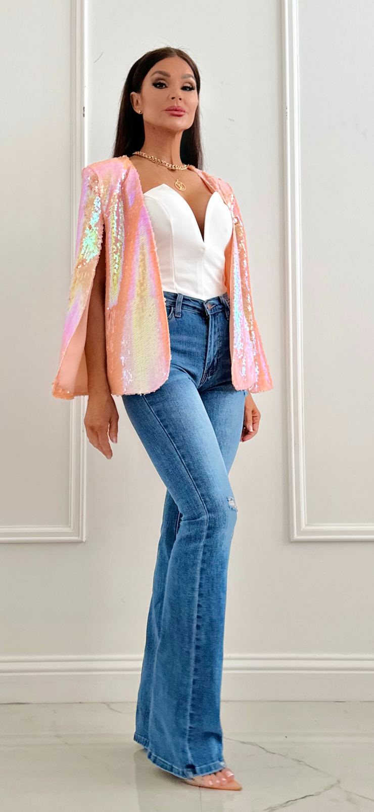Very Capable Peach Sequin Cape Jacket
