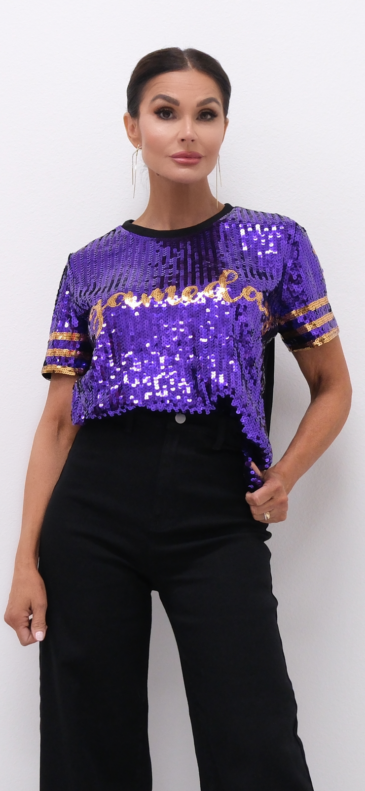 Game day sequin top purple and gold