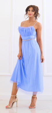 On A Whim Periwinkle Tulle Pleated Midi Dress