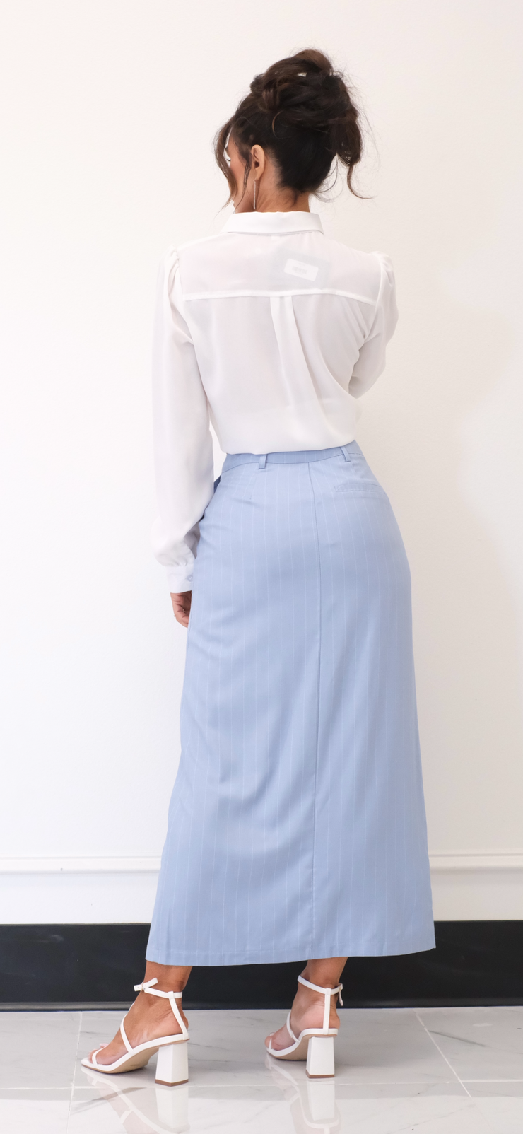 Risky Business Light Blue Pinstripe Midi Skirt