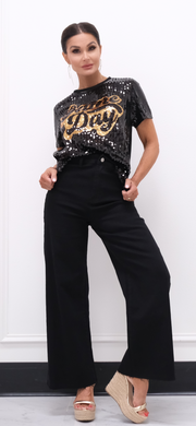 Game day sequin top black and gold