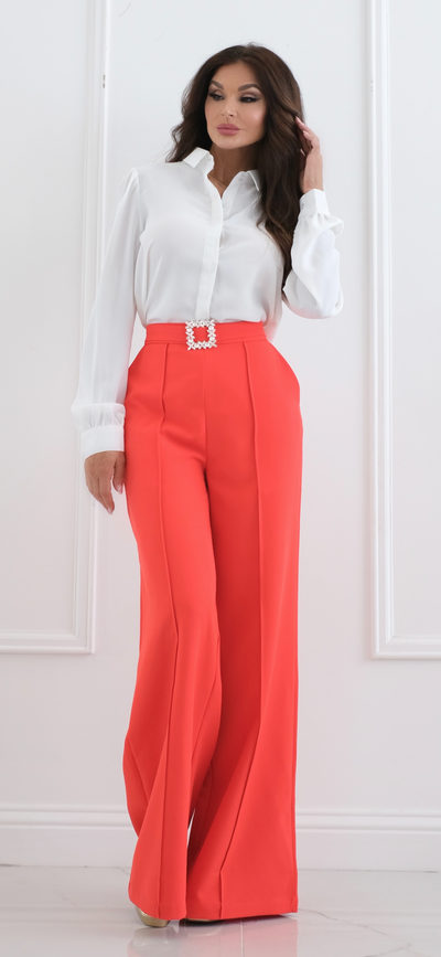 After Five Poppy Red Trouser With Rhinestone Buckle