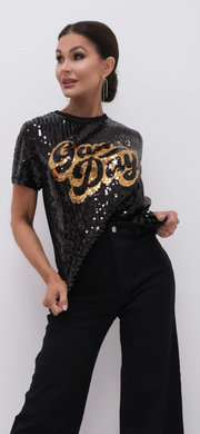 Game day sequin top black and gold