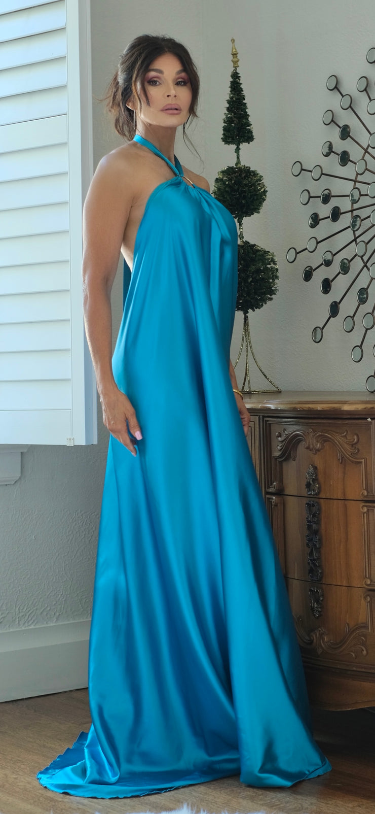 Making Waves Turquoise Satin Maxi Dress