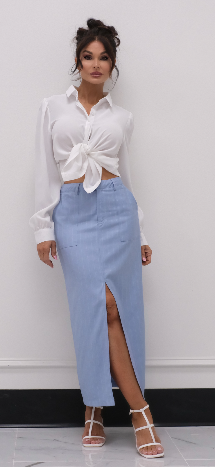 Risky Business Light Blue Pinstripe Midi Skirt