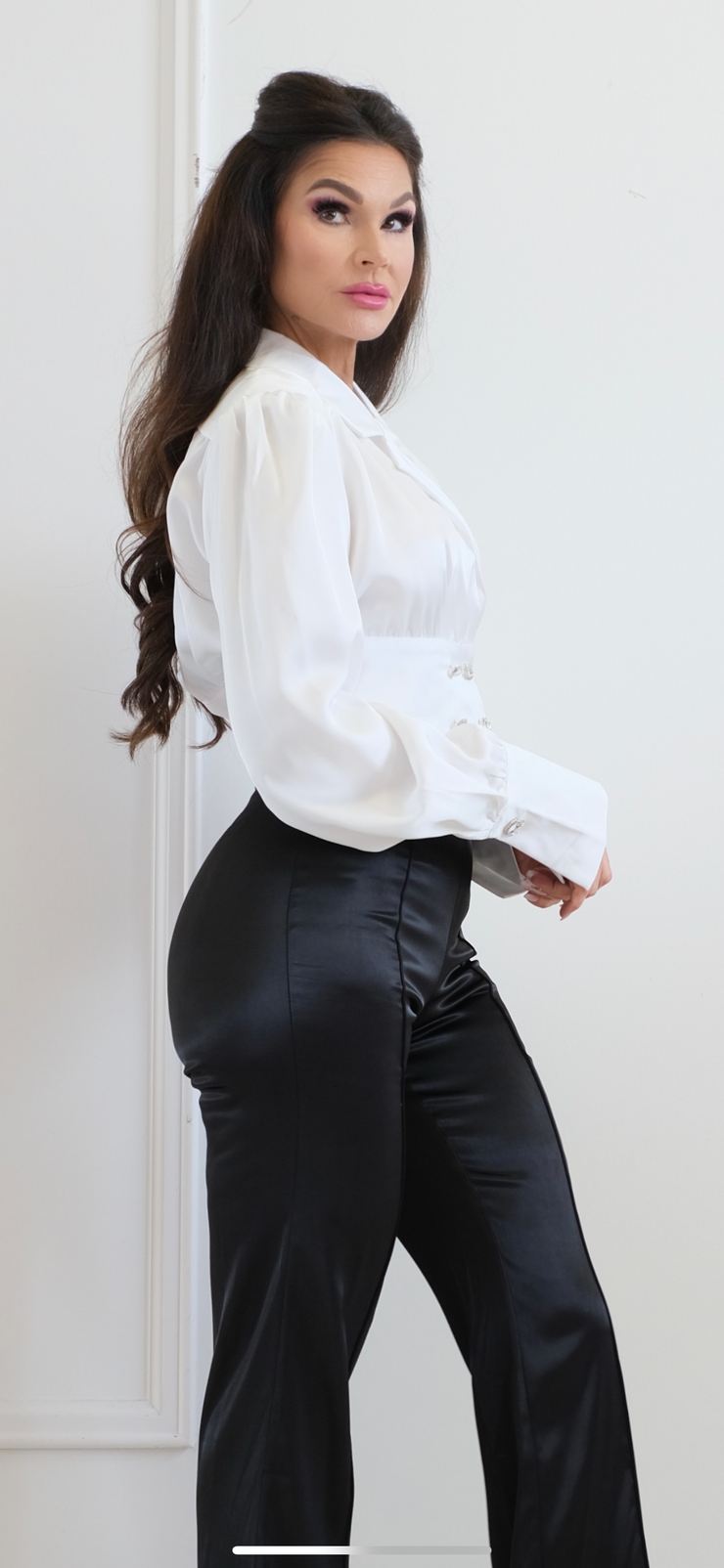 Lux Tux White Satin Long Sleeve Crop Top
