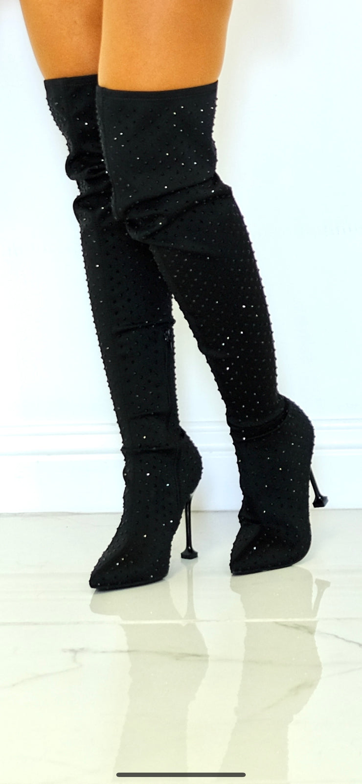 Super Strut Black Sequin Thigh High Boots