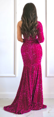 The Only One Shoulder Fuchsia Sequin Formal