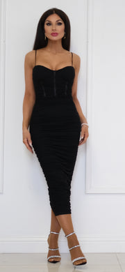 Reckless and Ruched Black Midi Dress