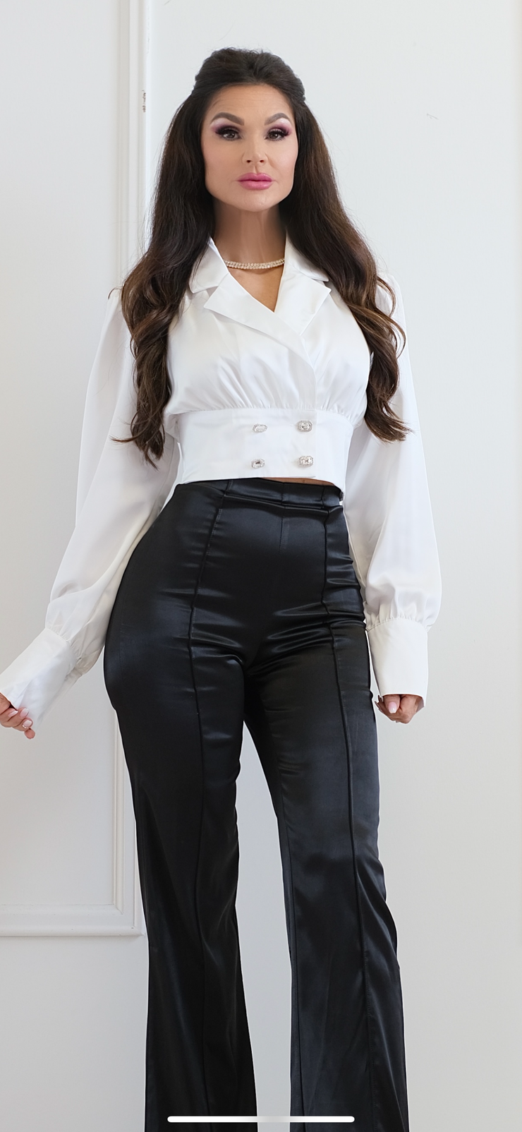 Lux Tux White Satin Long Sleeve Crop Top