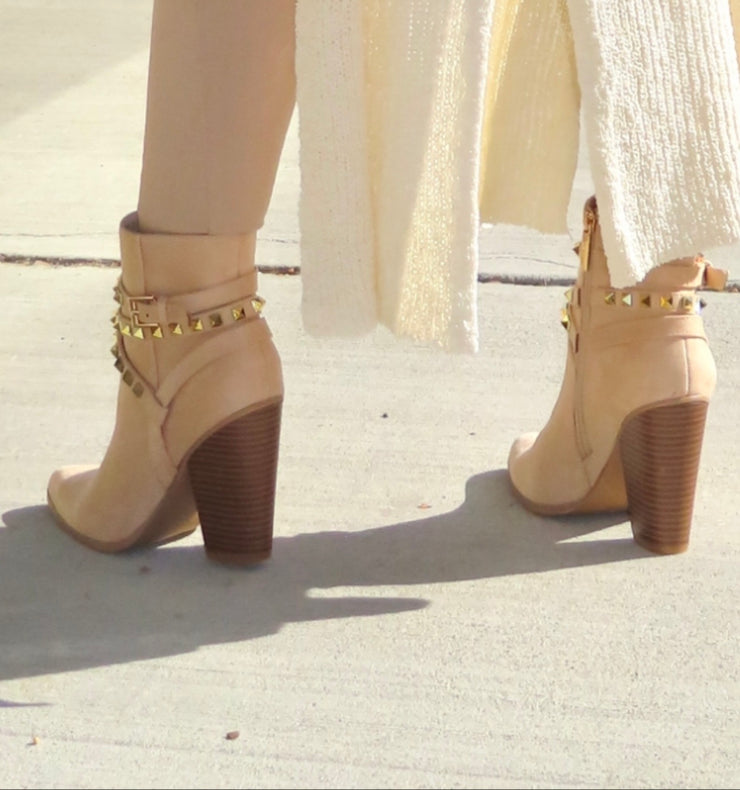 Giddy Up Nude Suede Pointed Toe Bootie with Studded Buckle
