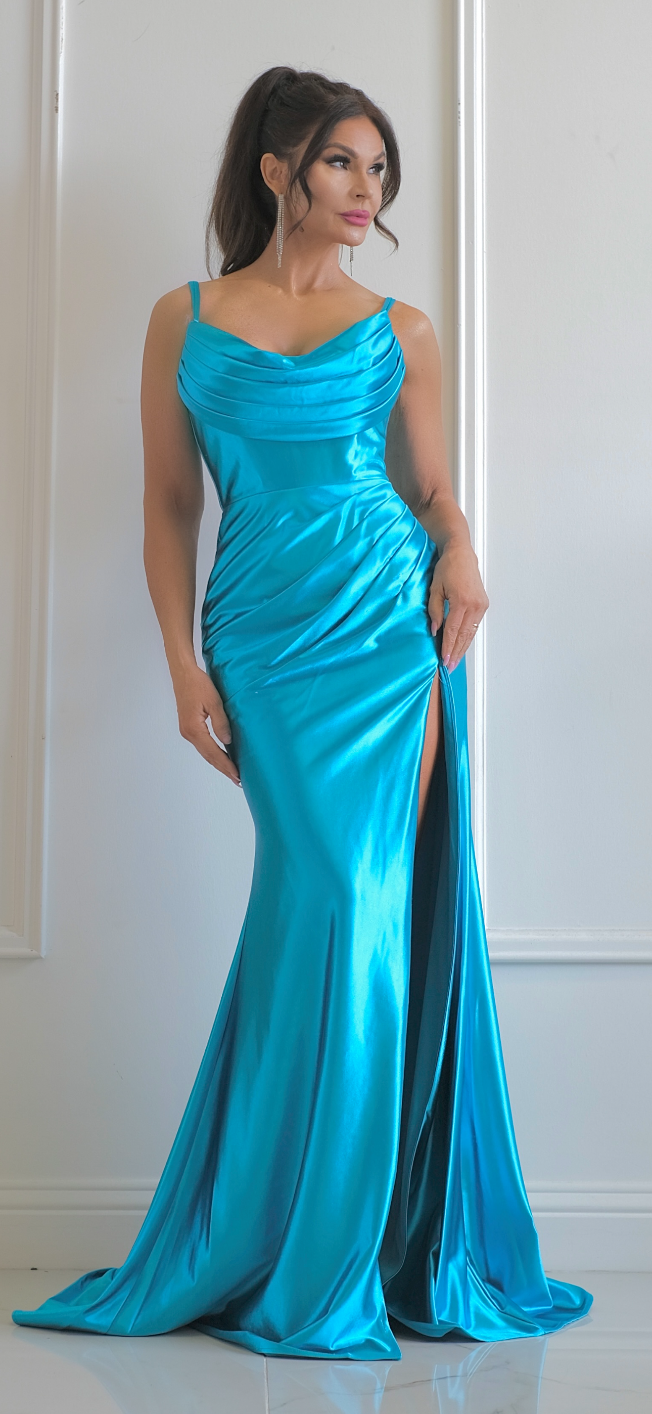 Shonna Ocean Blue Satin Formal