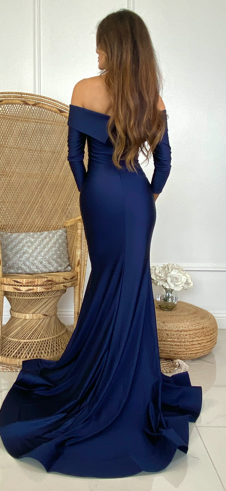 Gracefully Poised Navy Off The Shoulder Evening Gown