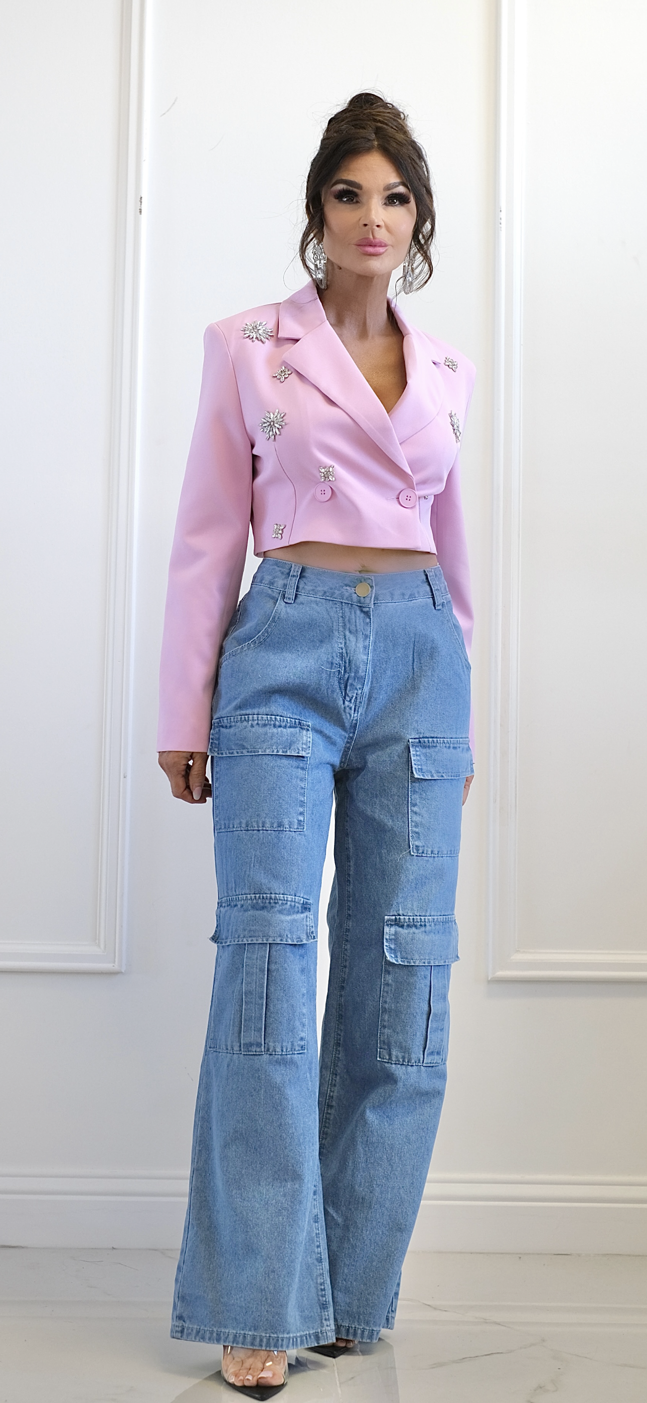 Pink Places Cropped Blazer With Rhinestone Embellishment