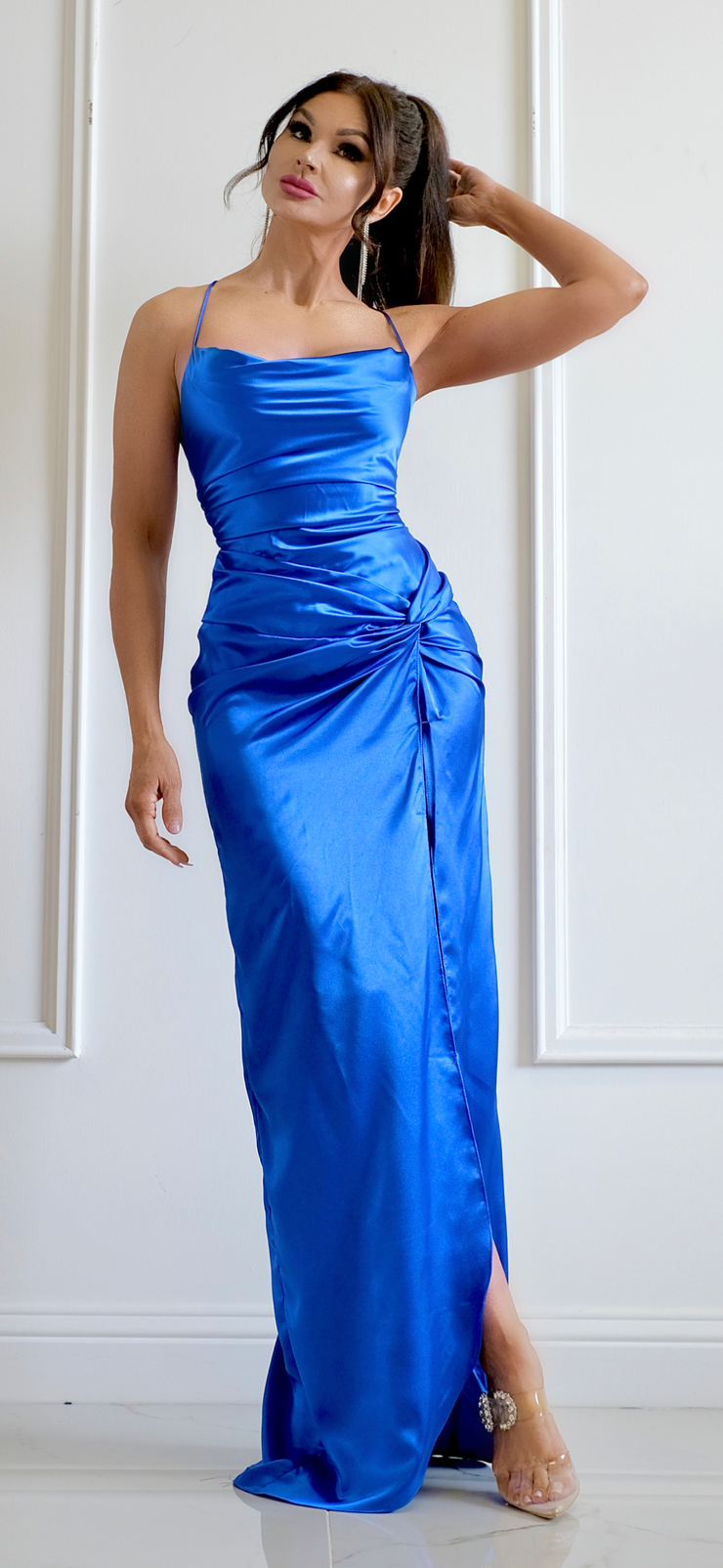 The Hailey Royal Blue Satin Front Twist Formal