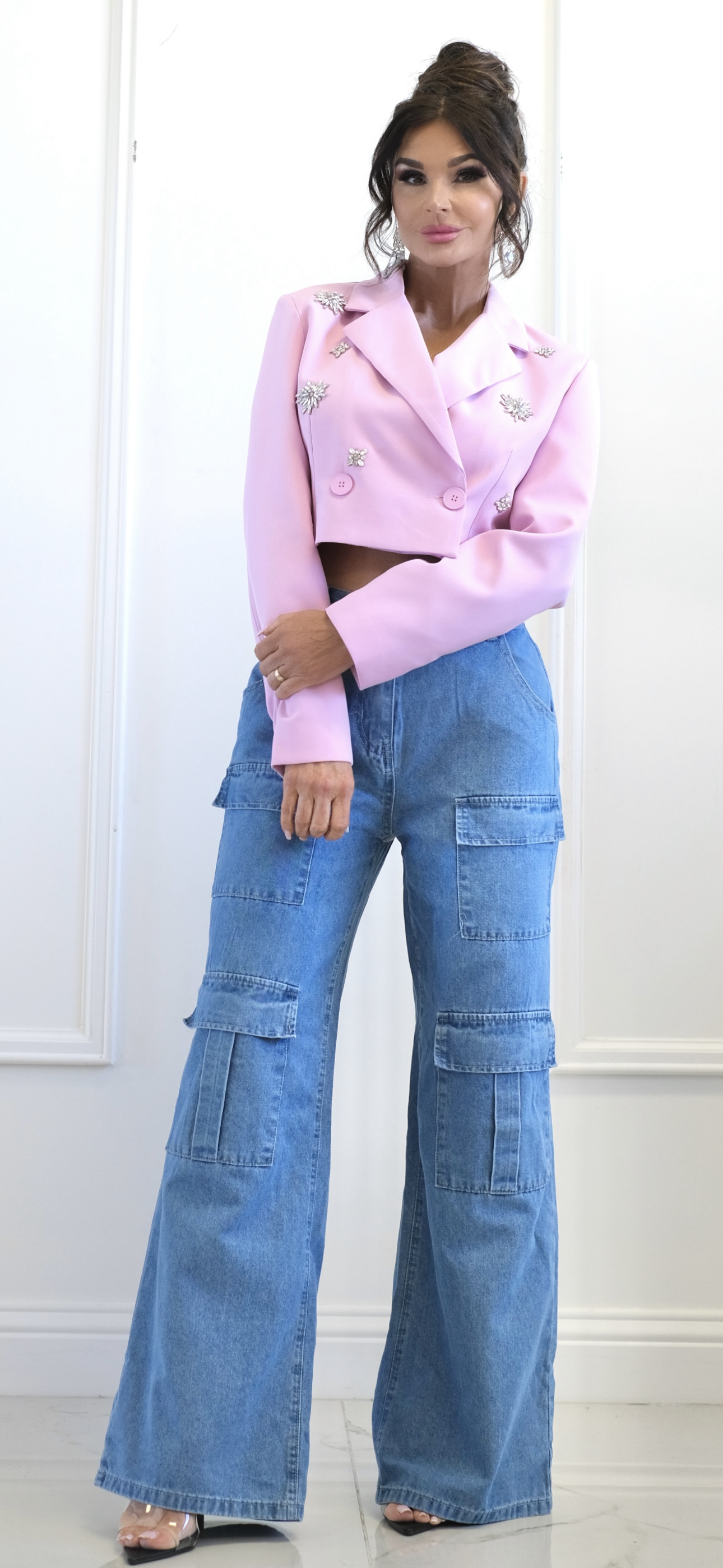 Pink Places Cropped Blazer With Rhinestone Embellishment